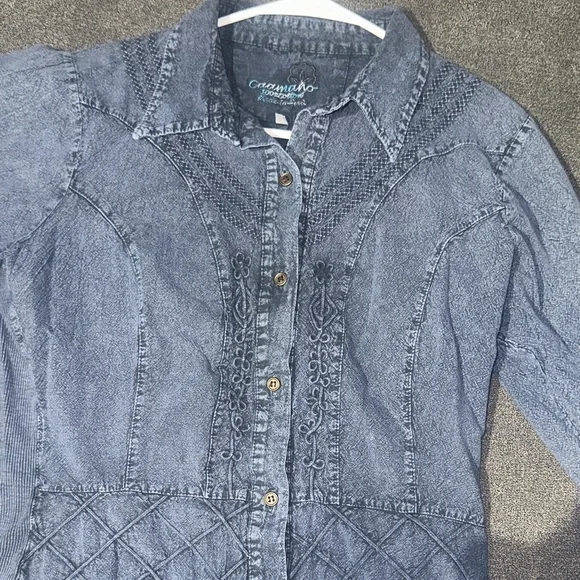 Large 100% Cotton Blue Denim Button-Up Shirt Boho tribal vibes super cute - Picture 13 of 17